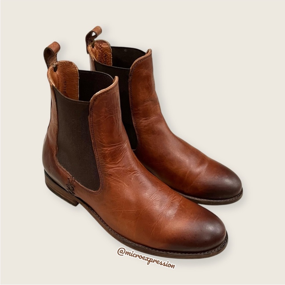 Frye Melissa Chelsea Cognac Brown Leather Comfy Low Heel Casual Short Ankle Boot - Picture 11 of 16